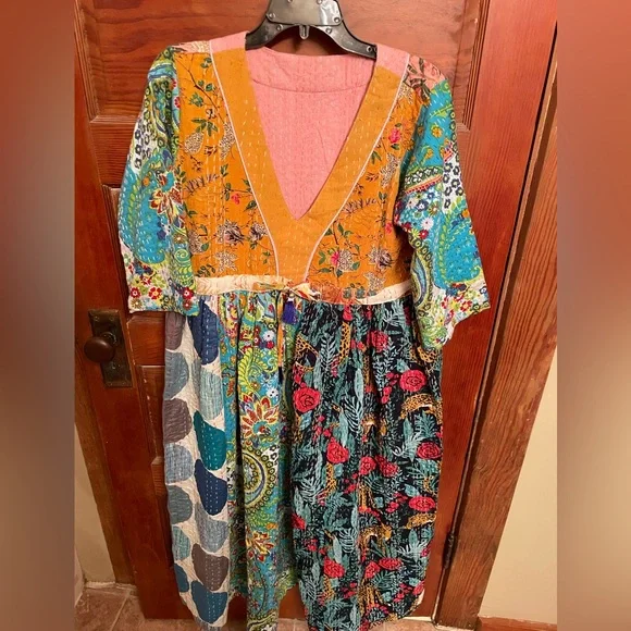 Kantha Bohemian Mixed-Print V-Neck Women’s Dress in Mustard & Teal - Picture 2 of 7